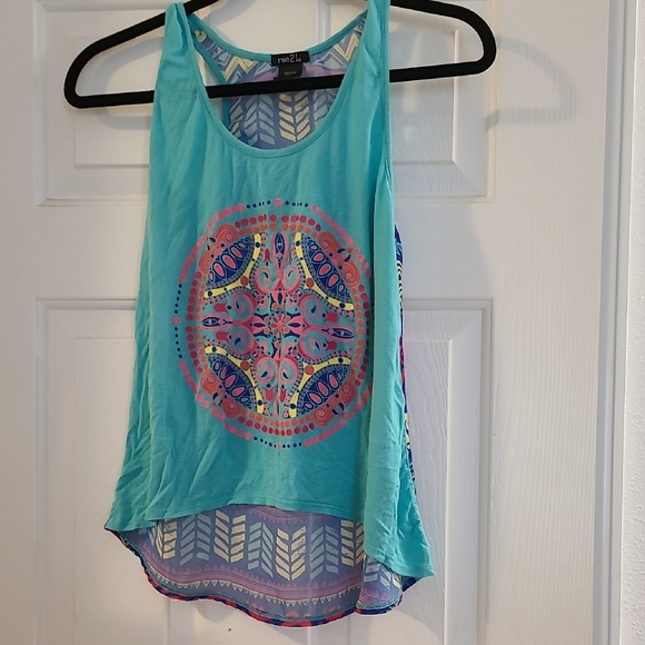 Rue21 Tops - Rue21 Green and Blue Asymmetrical Graphic Tank Top